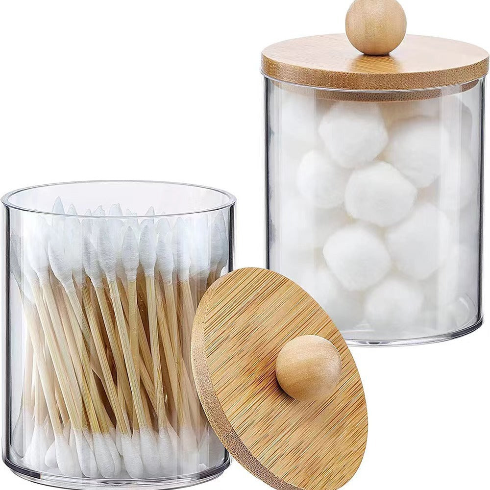 Bamboo cover cotton swab box portable round container cosmetic cotton puff storage box cotton swab makeup remover cotton box