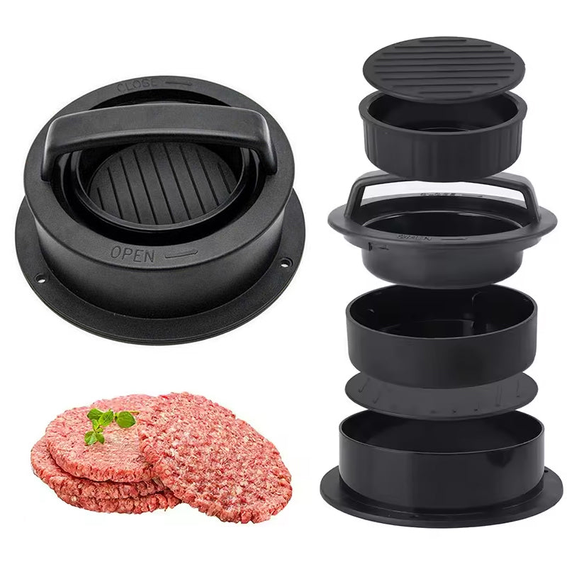 3-in-1 Manual Kitchen Gadget: Hamburger Patty, Round Beef Burger & Meatball Press.