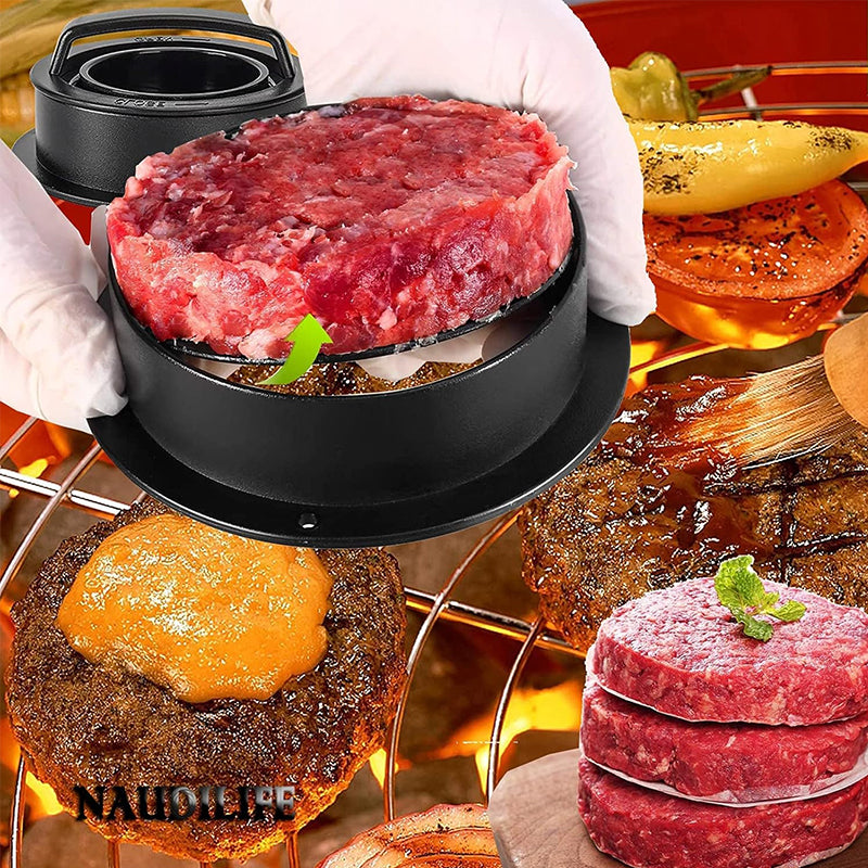 3-in-1 Manual Kitchen Gadget: Hamburger Patty, Round Beef Burger & Meatball Press.