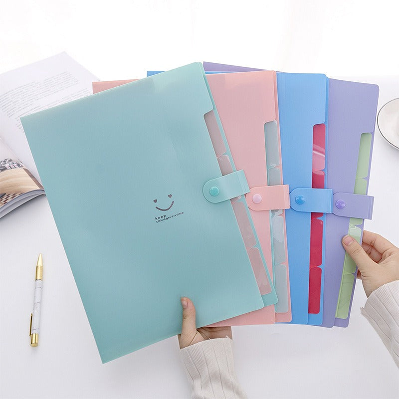 Student Multi-Layer Folder Smiley Face A4 Organ Bag File Pocket Insert Data Book Test Paper Folder 5 Compartments