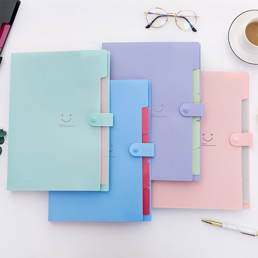 Student Multi-Layer Folder Smiley Face A4 Organ Bag File Pocket Insert Data Book Test Paper Folder 5 Compartments