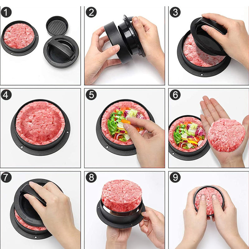 3-in-1 Manual Kitchen Gadget: Hamburger Patty, Round Beef Burger & Meatball Press.