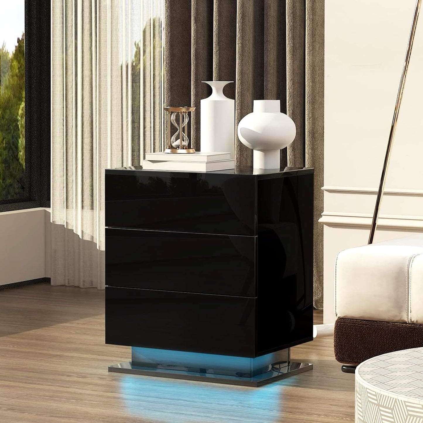 Nightstand with 3 Storage Drawers,Led Lights, End Table for Bedroom Furniture