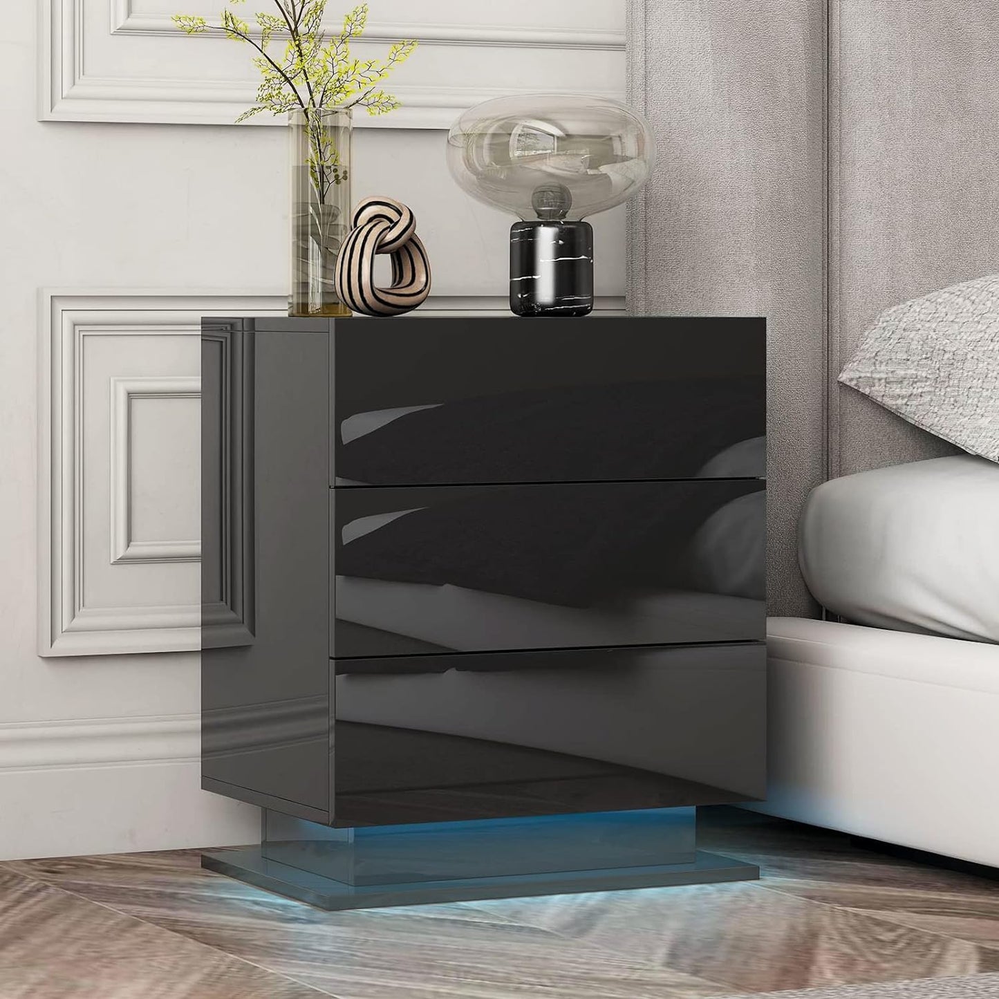 Nightstand with 3 Storage Drawers,Led Lights, End Table for Bedroom Furniture